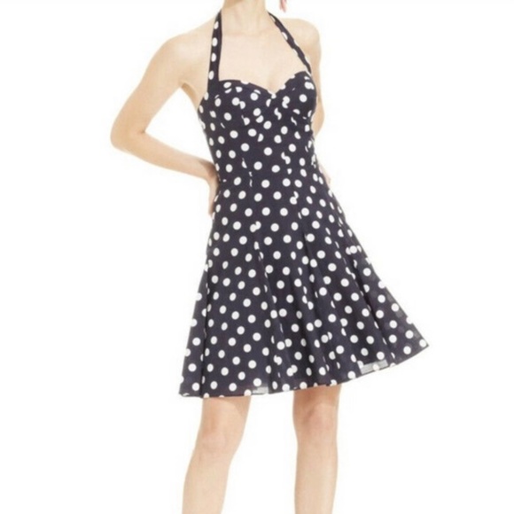 Betsey Johnson Dresses & Skirts - Betsey Johnson Navy Blue White Polka Dot Dress Halter Sweetheart Fit Size 8